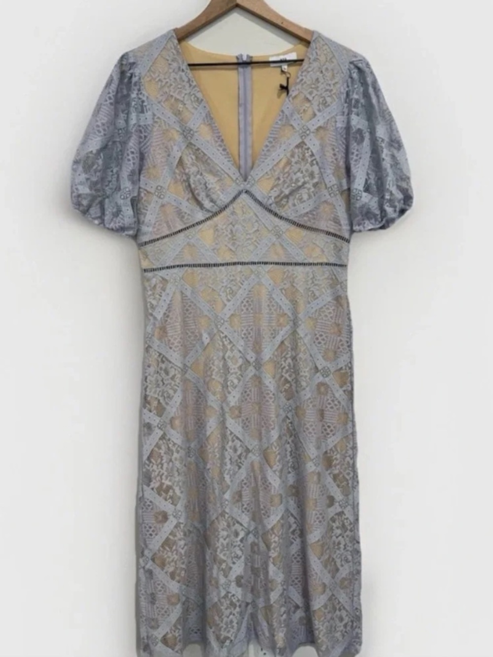 NWT NSR Blue Lace Dress Size L Puff Sleeve Sheer Midi Length Elegant Floral